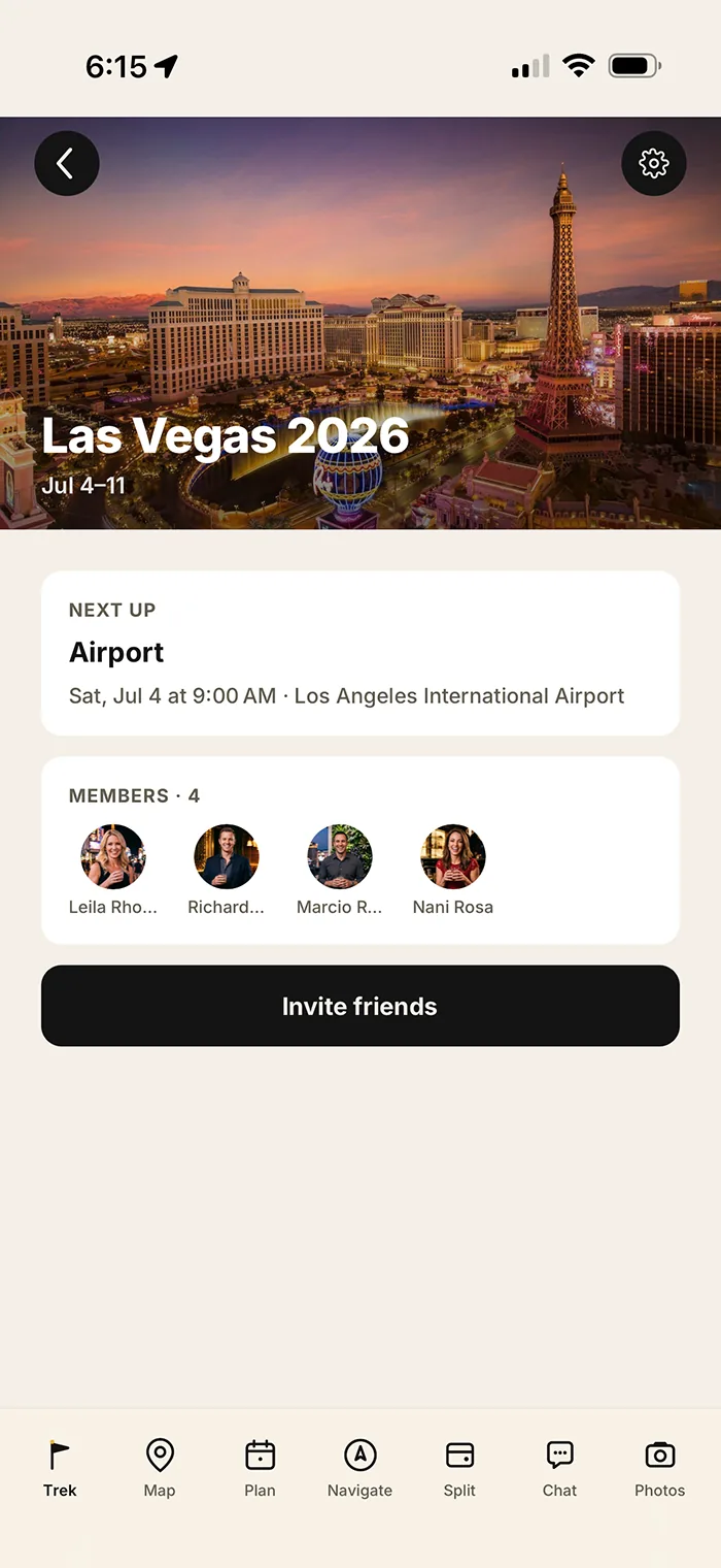 Trekr trek dashboard for a Las Vegas trip