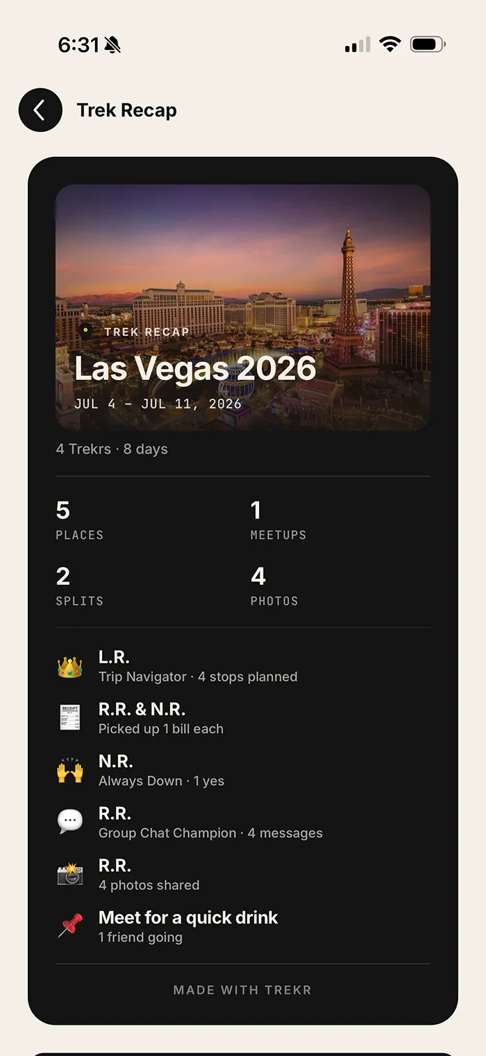 Trekr shareable trip recap card
