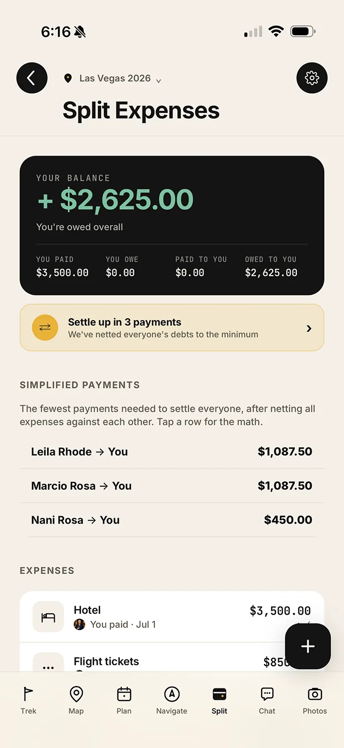 Trekr split expenses balance screen